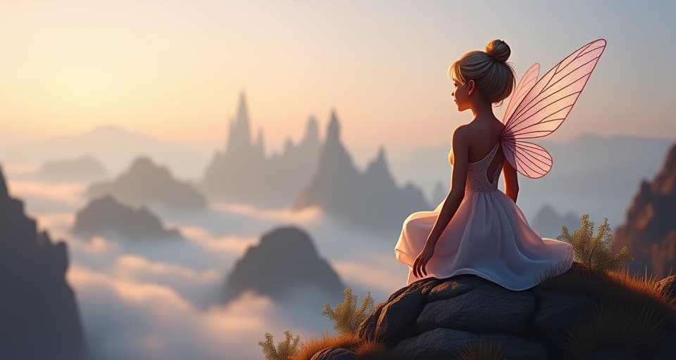  a soft, translucent fairy gazing at the horizon from a mountaintop. her wings shimmer against a backdrop of distant, ethereal towers, embodying the yearning for connection in a distant world.. the style is digital art illustration,highly detailed, whimsical,magical, dreamlike atmosphere, realism and fantasy blend, smooth, glossy textures,luminous quality, wonder and enchantment.