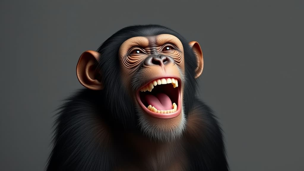  portrait a chimpanzee primate laughing broadly on a gray background