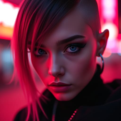  ultra realistic close up portrait ((beautiful pale cyberpunk female with heavy black eyeliner)), blue eyes, shaved side haircut, hyper detail, cinematic lighting, magic neon, dark red city, canon eos r3, nikon, f/1.4, iso 200, 1/160s, 8k, raw, unedited, symmetrical balance, in frame, 8k hyperrealistic, full body, detailed clothing, highly detailed, cinematic lighting, stunningly beautiful, intricate, sharp focus, f/1. 8, 85mm, (centered image composition), (professionally color graded), ((bright soft diffused light)), volumetric fog, trending on instagram, trending on tumblr, HDR 4K, 8K