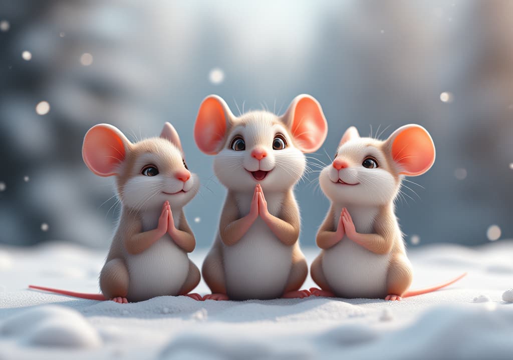  3d joyful friendly cartoon mice on a snowy white canvanamaste yoga meditation by man in white., high quality, high details, hd, perfect composition, 4k epic detailed, highly detailed, sharp focus, high resolution