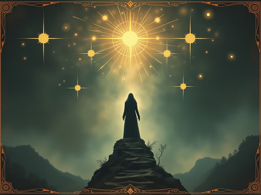  mystical scene of figure ascending, surrounded by ethereal lights, boundless potentials, transcendent. an illustration in the style of a worn, mystical old tarot trump card, mysterious and elements of surrealism. the colors are muted, somber and eerie, but with contrast bring out an occult and esoteric vibe.