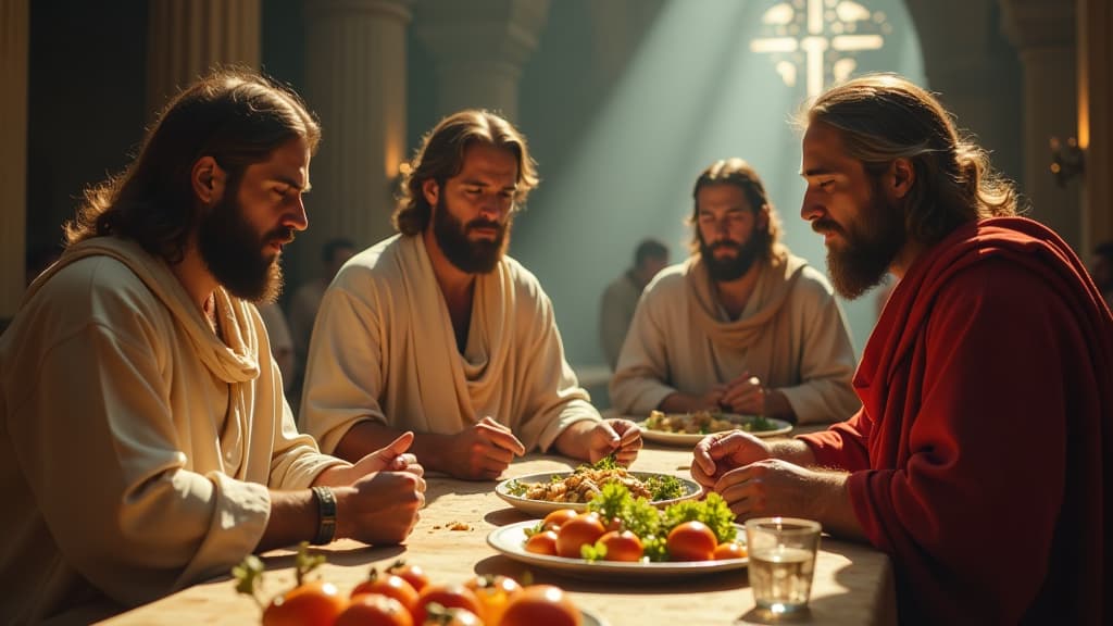  history of biblical times, the four young men diligently consuming only vegetables and water during their 10 day trial. hyperrealistic, full body, detailed clothing, highly detailed, cinematic lighting, stunningly beautiful, intricate, sharp focus, f/1. 8, 85mm, (centered image composition), (professionally color graded), ((bright soft diffused light)), volumetric fog, trending on instagram, trending on tumblr, HDR 4K, 8K