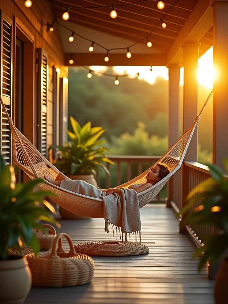  high quality portrait photo of a serene summer porch with a hammock, tropical plants in woven baskets, and string lights overhead, viewed from the side at golden hour hyperrealistic, full body, detailed clothing, highly detailed, cinematic lighting, stunningly beautiful, intricate, sharp focus, f/1. 8, 85mm, (centered image composition), (professionally color graded), ((bright soft diffused light)), volumetric fog, trending on instagram, trending on tumblr, HDR 4K, 8K