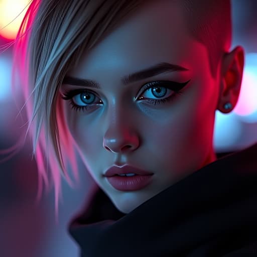  ultra realistic close up portrait ((beautiful pale cyberpunk female with heavy black eyeliner)), blue eyes, shaved side haircut, hyper detail, cinematic lighting, magic neon, dark red city, canon eos r3, nikon, f/1.4, iso 200, 1/160s, 8k, raw, unedited, symmetrical balance, in frame, 8k hyperrealistic, full body, detailed clothing, highly detailed, cinematic lighting, stunningly beautiful, intricate, sharp focus, f/1. 8, 85mm, (centered image composition), (professionally color graded), ((bright soft diffused light)), volumetric fog, trending on instagram, trending on tumblr, HDR 4K, 8K