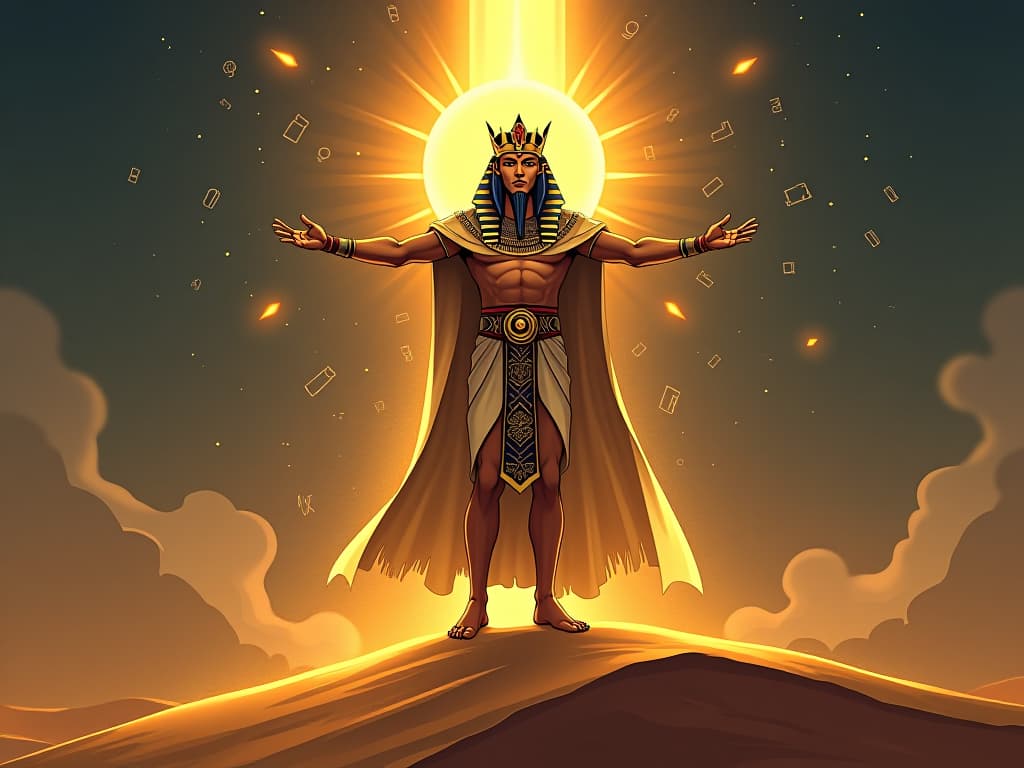  a pharaoh, golden crown, standing on a dune, arms outstretched, surrounded by a radiant aura, glowing hieroglyphs floating around, symbolizing wisdom and light. the style is digital art illustration / modern comic book / mysterious occult, symbolic, esoteric vibe,high detail on character design, incorporating ancient egyptian symbology and attire.