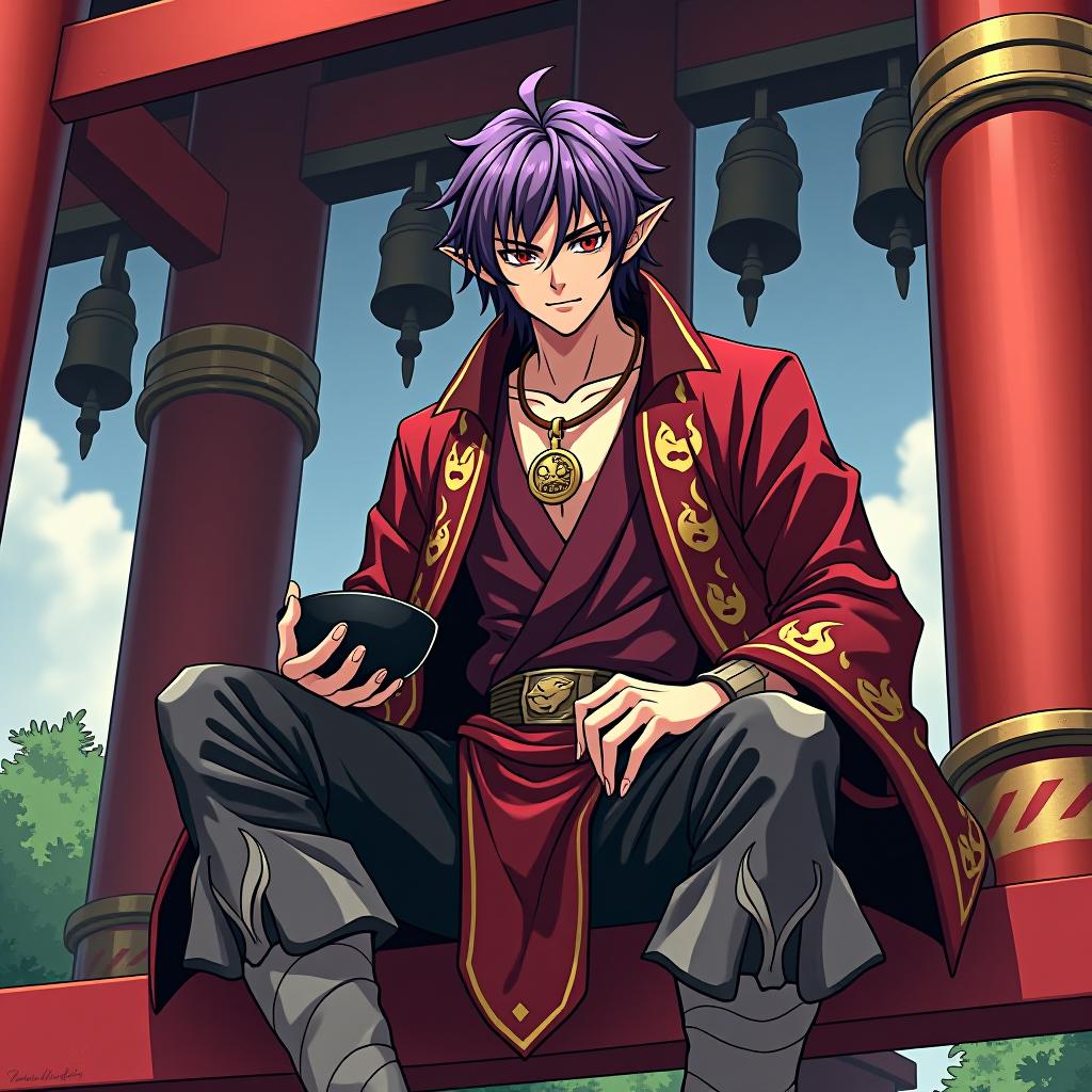  manga style ringo sits on the upper beam of the high red gate theories on which thin ropes hang bells in front of the shinto temple in his left hand at ringo's wide bowl of sake to the edges filled with alcohol ringo pirate is depicted in full growth a young mature dark male elf with marble white skin, purple scarlet hair, ringo wears a disheveled hairstyle of medium length, pointed ear tips, lavender red eyes, wears a burgundy shirt with gold embroidery, in addition, he wears a dark red snake skin jacket with silver embroidery in the form of flames on the legs of the trousers also from a snake skin with a medium size silver skin. around his neck is a gold chain with a medium sized gold medallion. the medallion depicts an angry smirking 