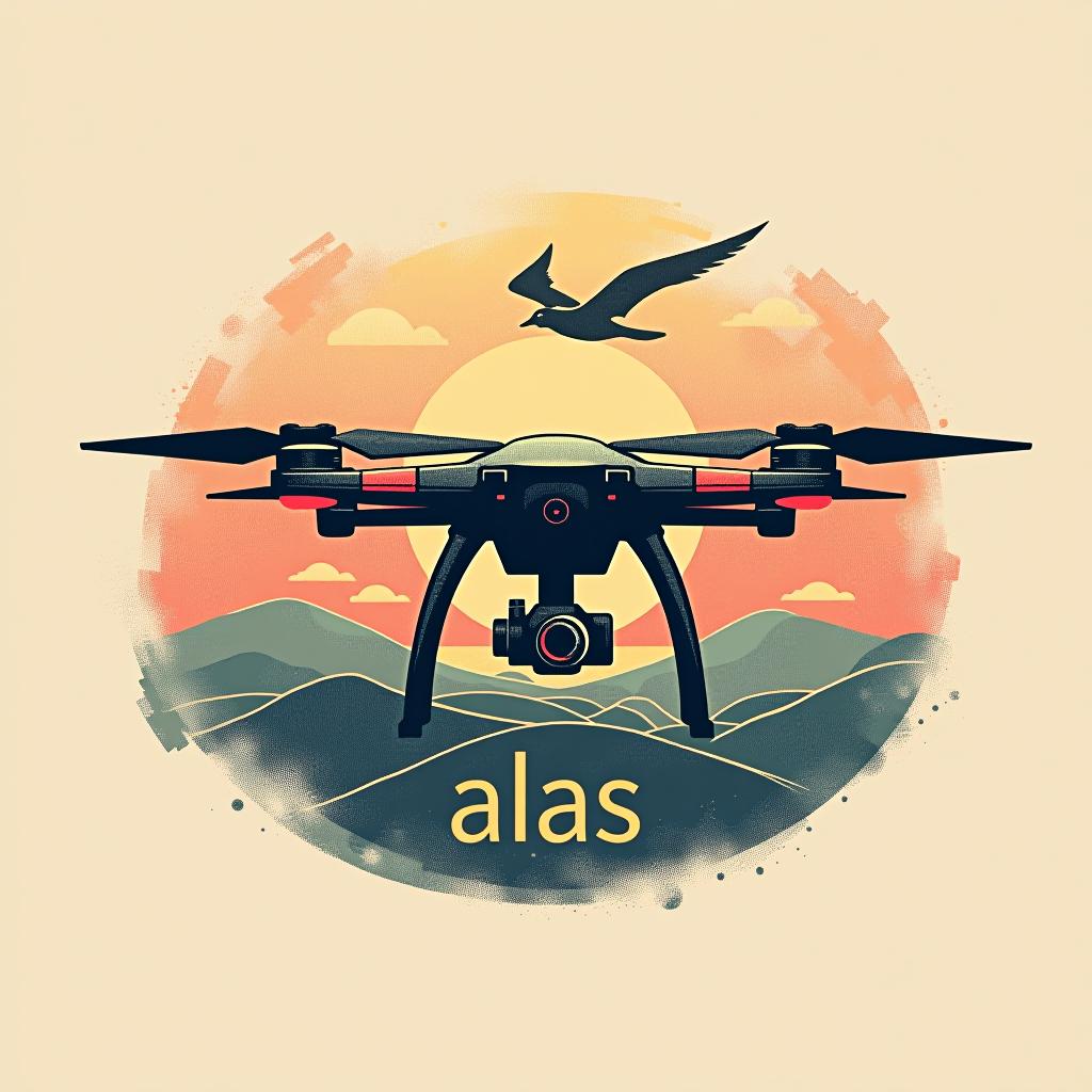  design a logo, estilo acuarela, en medio de unas alas poner un horizonte artificial con el texto acahel , with the text 'drone alas'.