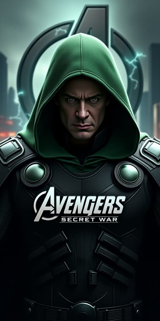  good quality, high quality, a hyper realistic movie poster for "avengers secret war" starring robert downey jr. as doctor doom. he is depicted with a sinister expression, wearing a heavily armored, dark green cloak. the background shows a war torn city in shadows, with the avengers logo partially illuminated by crackling energy.