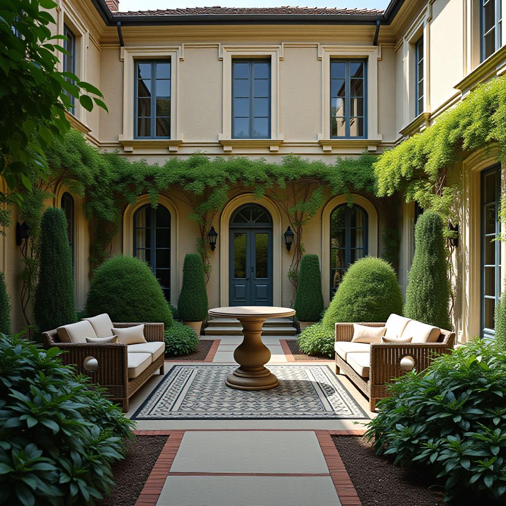  capture a stunningly beautiful and hyperrealistic 8k photograph of an enclosed courtyard designed in the french country style, highlighting its elegance and rustic elements inspired by rural france. utilize a wide point of view with a 135mm f/2 telephoto lens and cinematic lighting to enhance the movie like atmosphere. the photograph should feature intricate details of garden landscaping and architectural elements, with dense furnishings and decorations under bright, soft, diffused light. colors should be professionally graded, emphasizing jungle mist (#b4cfd3) as the dominant color, complemented by monte carlo (#83d0c6), and accented with jagged ice (#c2e8e5). additional colors include half baked (#85c4cc) and quill gray (#d6d6d1) to enhan