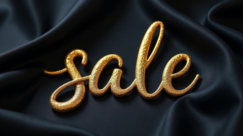  gold thin 3d handwritten letters "sale" featuring wavy lines, on a dark silk background ar 16:9 {prompt}, maximum details