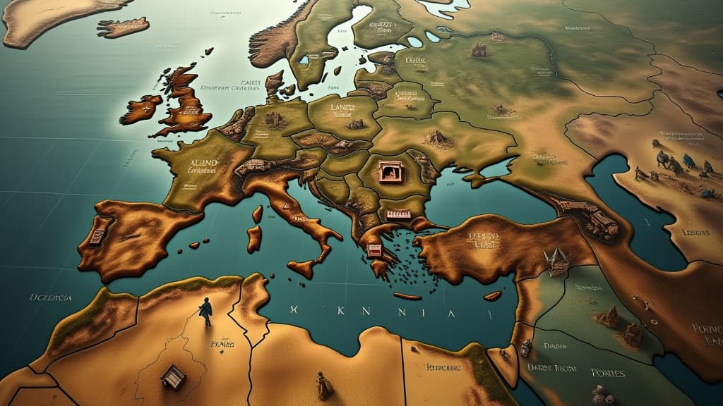  images about historical curiosities, an expansive map depicting templar land acquisitions across europe and the holy land, including investments in fortifications and agricultural lands. hyperrealistic, full body, detailed clothing, highly detailed, cinematic lighting, stunningly beautiful, intricate, sharp focus, f/1. 8, 85mm, (centered image composition), (professionally color graded), ((bright soft diffused light)), volumetric fog, trending on instagram, trending on tumblr, HDR 4K, 8K