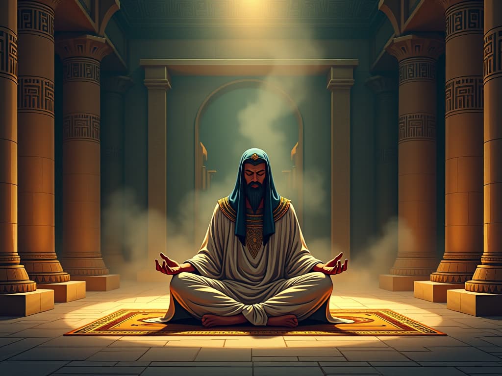  a solitary figure in flowing, ornate robes, seated in an ancient egyptian temple adorned with hieroglyphs. the figure is deep in meditation, with a peaceful aura, surrounded by symbolic artifacts and incense smoke wafting, creating an aura of spiritual awakening.. the style is digital art illustration / modern comic book / mysterious occult, symbolic, esoteric vibe,high detail on character design, incorporating ancient egyptian symbology and attire.