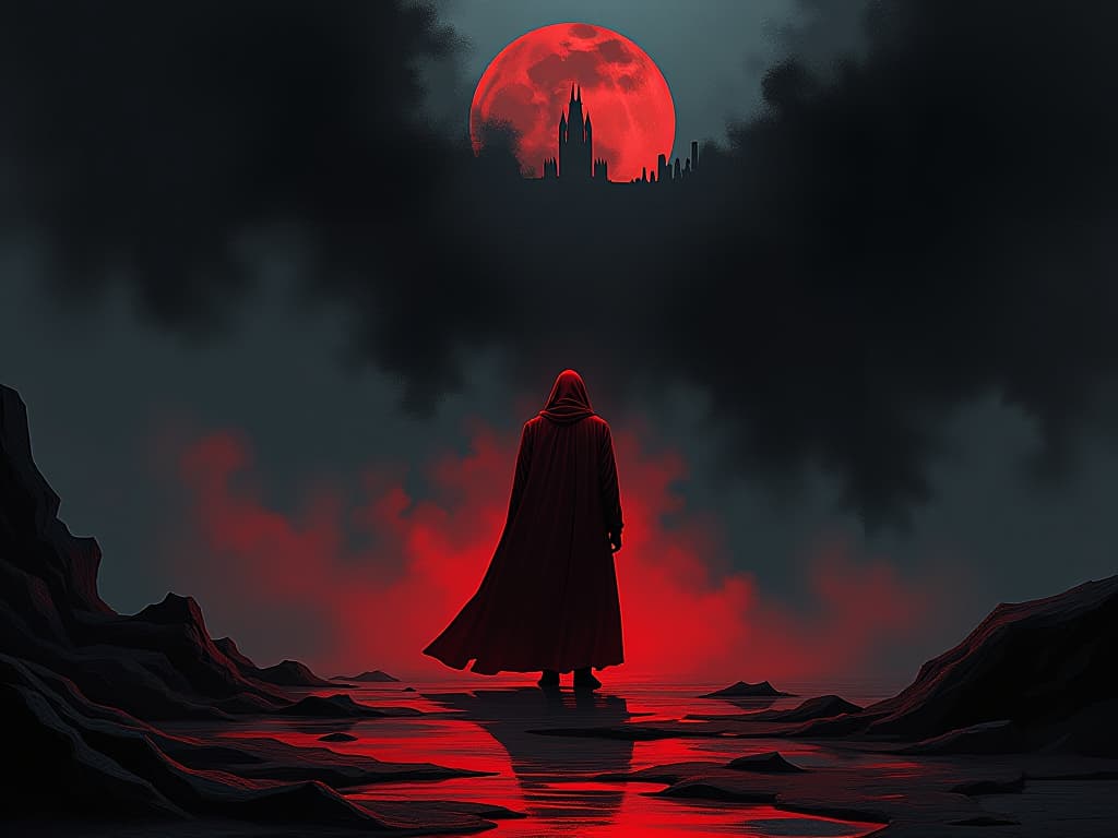  steadfast figure in red, facing forward, leaving a darkened past behind, mood of determination and finality. the style is digital art illustration / modern comic book / graphic dark novel fantasy and mysterious occult, symbolic, moody lighting, esoteric vibe,high detail on character design. for the color scheme emphasize blacks and reds.