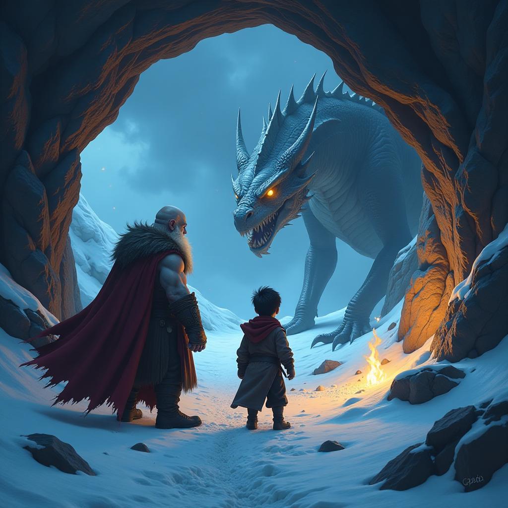  digital photo. an ice cave lit by torches. two figures. a bald gnome of strong build and a young man of small stature with sharp ears and a cunning look with hair collected in a bundle in fear flee from an evil dragon of silver color.