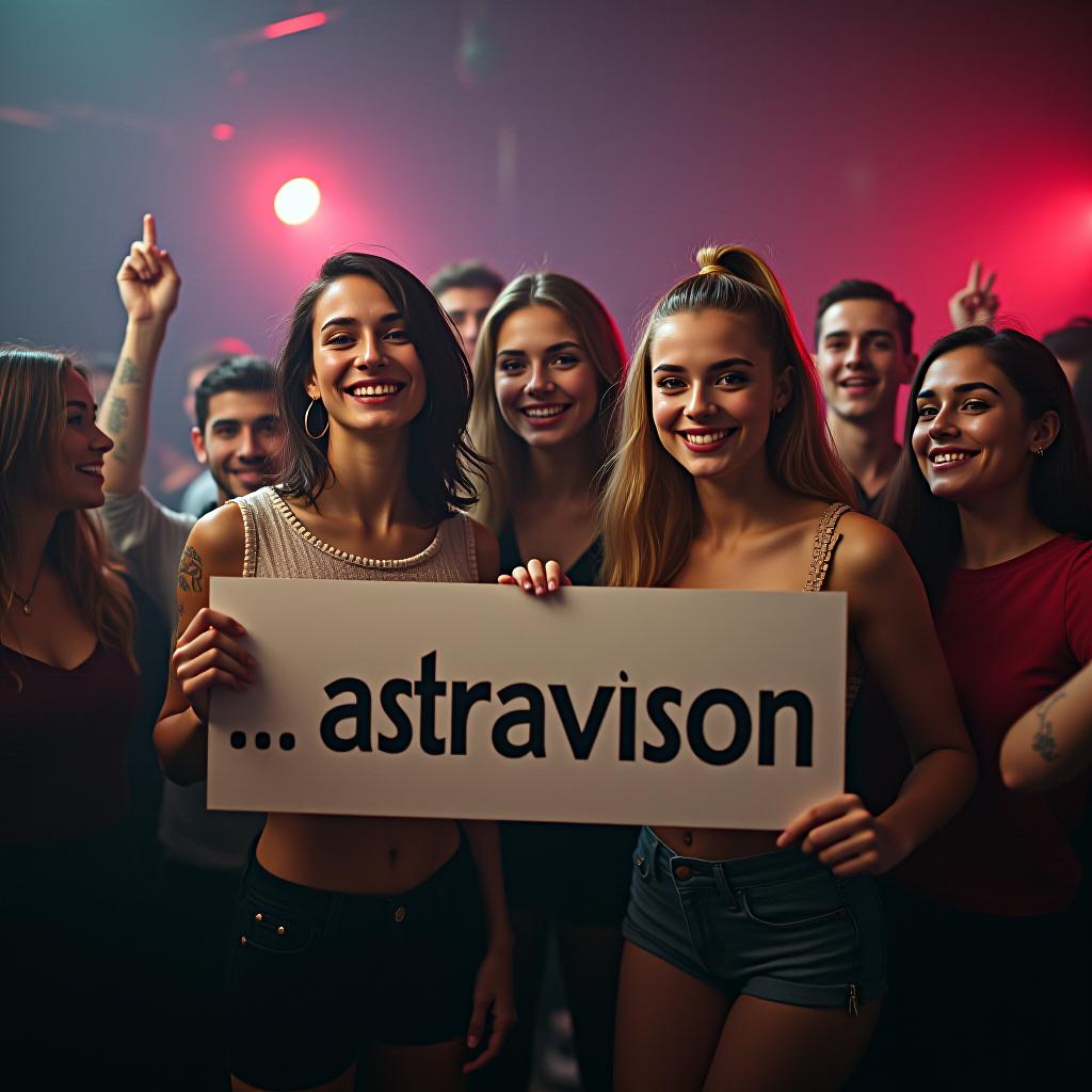  realistic college party group photos in 70s, high detailes. holding a sign with a text 'astravision'. hyperrealistic, full body, detailed clothing, highly detailed, cinematic lighting, stunningly beautiful, intricate, sharp focus, f/1. 8, 85mm, (centered image composition), (professionally color graded), ((bright soft diffused light)), volumetric fog, trending on instagram, trending on tumblr, HDR 4K, 8K