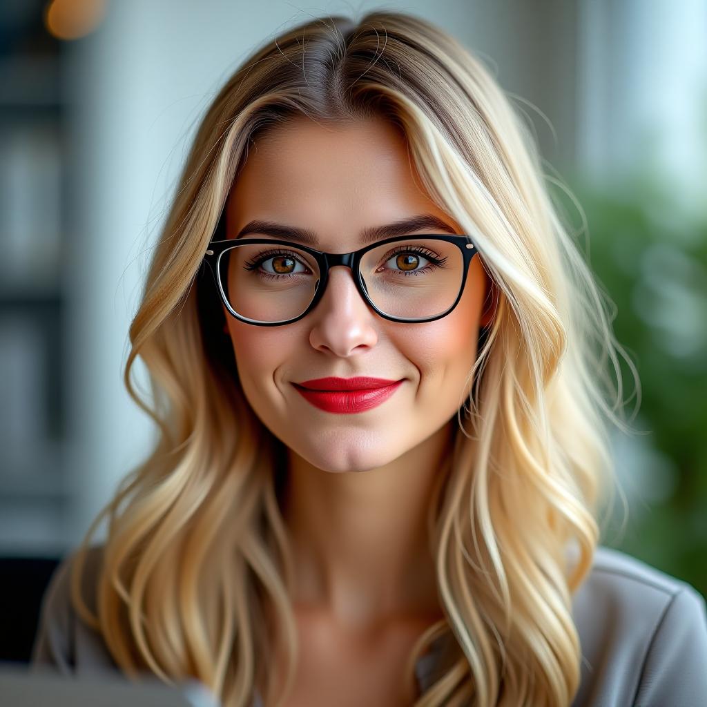  make an image of a woman with blonde hair and brown eyes and red lipstick wearing glasses working as an accountant