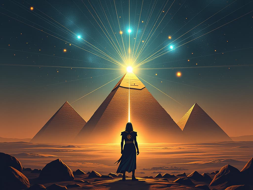  mystical alignment of stars above the pyramids, glowing celestial paths converging, ethereal light, sense of destiny and purpose. the style is digital art illustration / modern comic book / mysterious occult, symbolic, esoteric vibe,high detail on character design, incorporating ancient egyptian symbology and attire.