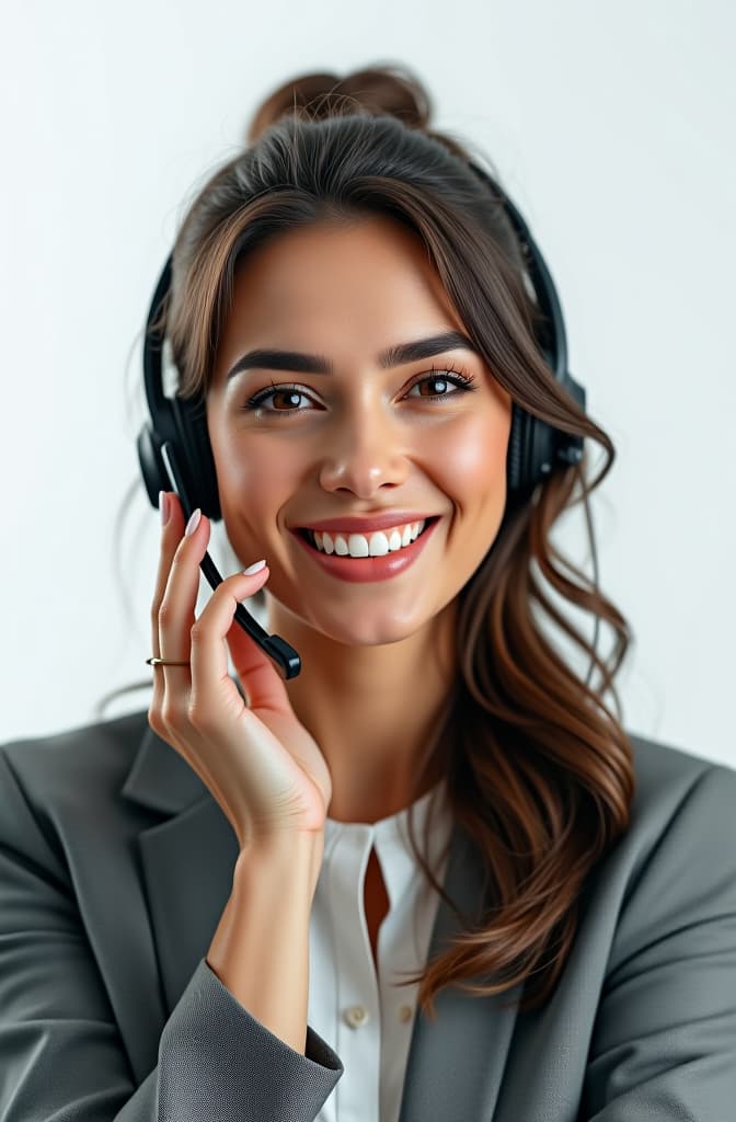  "realistic photo of a woman with headset taking a call and smiling in with a white background" hyperrealistic, full body, detailed clothing, highly detailed, cinematic lighting, stunningly beautiful, intricate, sharp focus, f/1. 8, 85mm, (centered image composition), (professionally color graded), ((bright soft diffused light)), volumetric fog, trending on instagram, trending on tumblr, HDR 4K, 8K