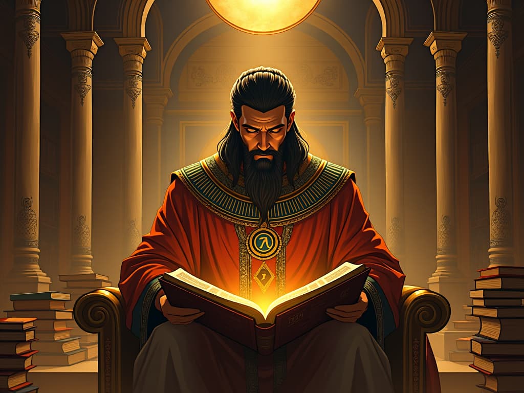  ancient scribe, male, in traditional garb, seated in an opulent chamber filled with books and scrolls, golden light illuminating ancient texts, aura of wisdom. the style is digital art illustration / modern comic book / mysterious occult, symbolic, esoteric vibe,high detail on character design, incorporating ancient egyptian symbology and attire.