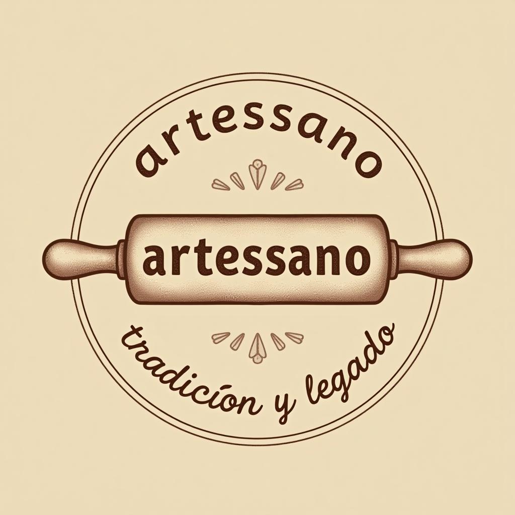  design a logo, in a pencil style. simple and elegant design circular design light and brown tones use a rolling pin image put the word “artessano” inside the image of the rolling pin, with the text 'tradición y legado'.