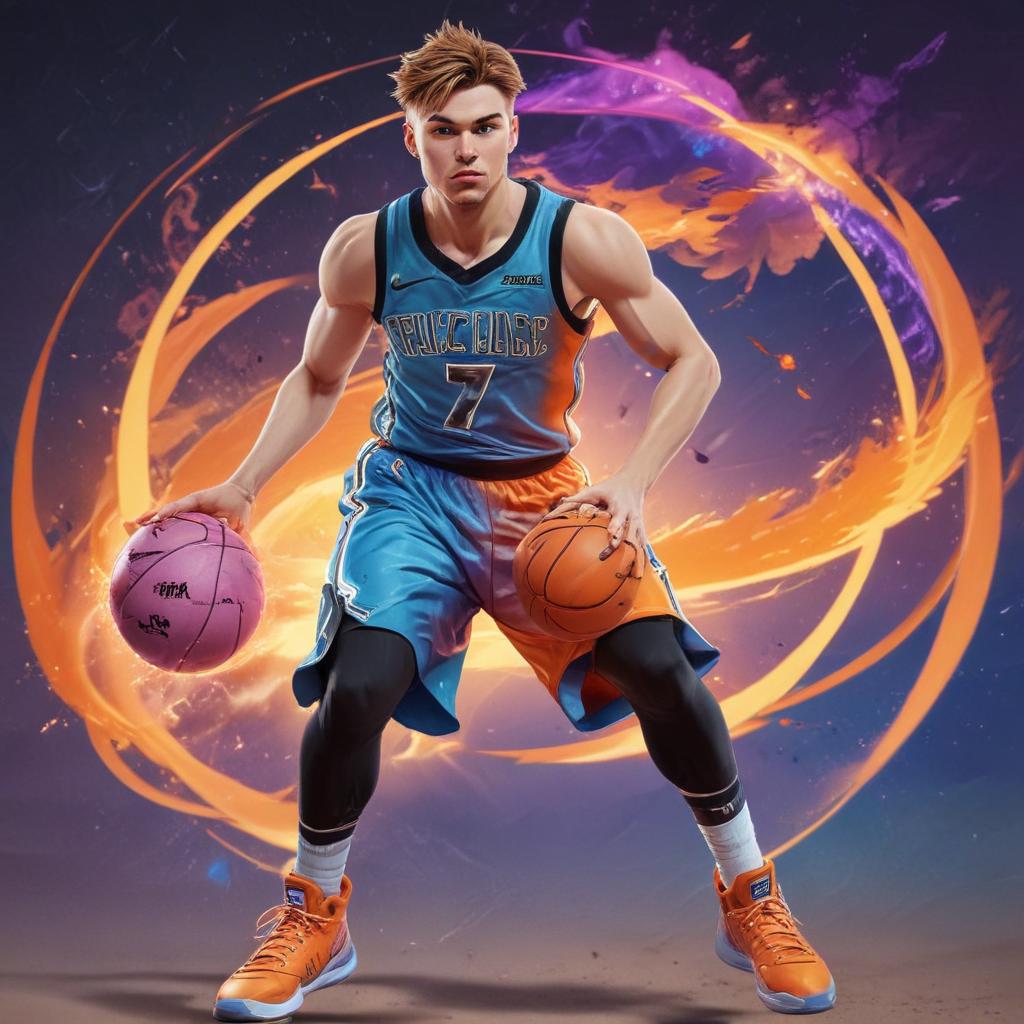 distance-shot, flashy, full-body, dynamic, holographic, animated cartoon poster of luka doncic in the style of dragon ball super