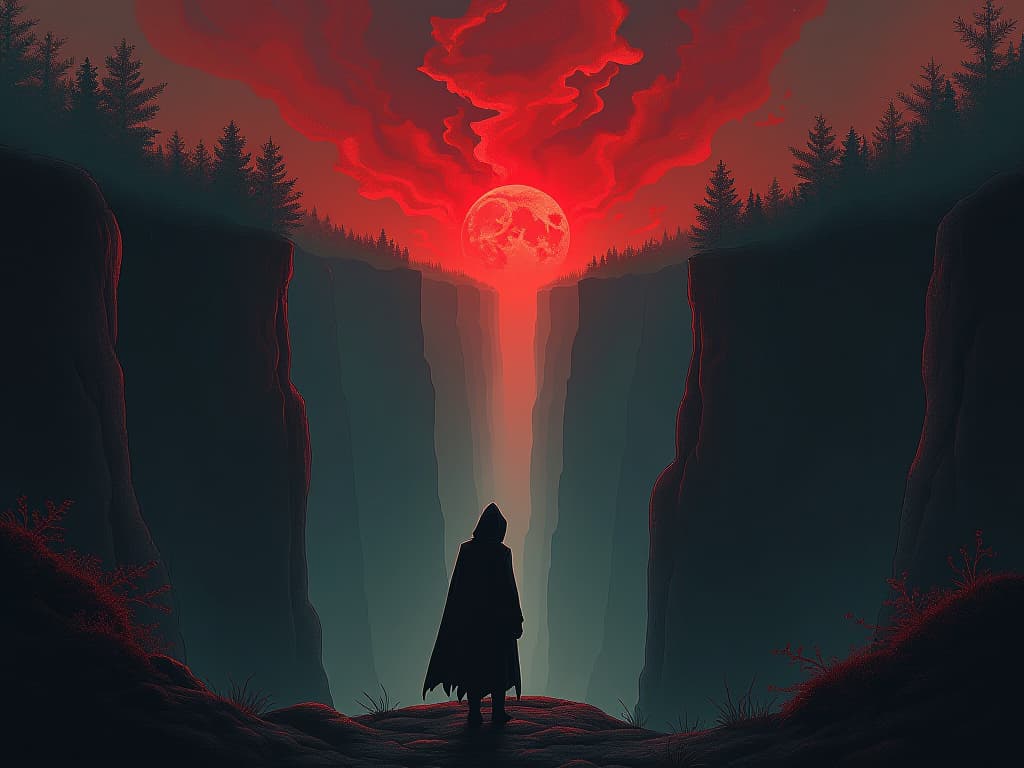  a hooded figure standing at the edge of a chasm, on the other side a lush, vibrant land. the chasm is filled with swirling shadows, representing missed opportunities and the inability to move forward. the figure's posture is one of despair and longing.. the style is dark fantasy and mysterious occult, symbolic, moody lighting, esoteric vibe,high detail on character design. for the color scheme emphasize blacks and reds.