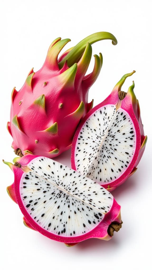  professional detailed photography, pitaya isolated set. collection of ripe dragon fruit or pitahaya, half and slice of the fruit on a white background. ar 9:16, (muted colors, dim colors, soothing tones), (vsco:0.3)