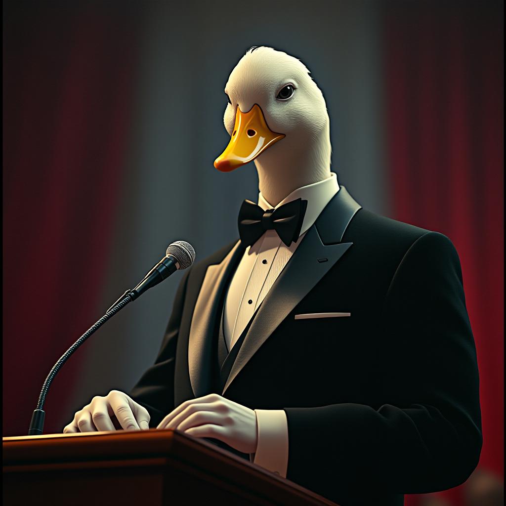  a tall man ina a black tuxedo, but has a head of a white duck/goose, yellow beak, the man duck is making a speech. hands holding the podium, cinematic film style, shallow depth of field, vignette, highly detailed, high budget, bokeh, cinemascope, moody, epic, gorgeous, film grain, grainy