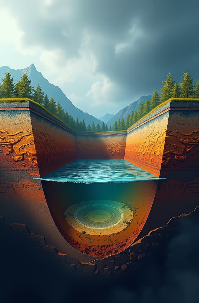  draw a 2d stratigraphic illustration of rock layers with two aquifers hyperrealistic, full body, detailed clothing, highly detailed, cinematic lighting, stunningly beautiful, intricate, sharp focus, f/1. 8, 85mm, (centered image composition), (professionally color graded), ((bright soft diffused light)), volumetric fog, trending on instagram, trending on tumblr, HDR 4K, 8K