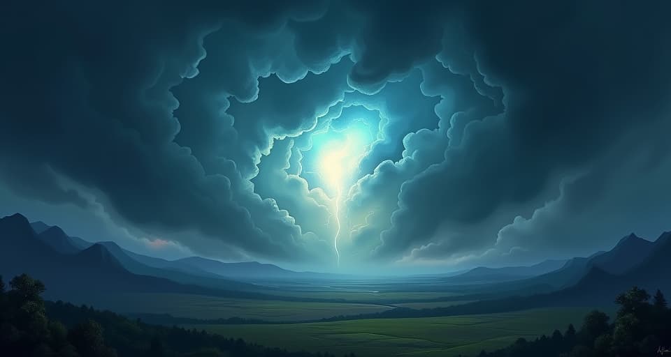  a dark, stormy sky over a vast, enchanted landscape; a fierce, ethereal tempest with flashes of bright, intense light, symbolizing impending transformation.. the style is digital art illustration,highly detailed, whimsical,magical, dreamlike atmosphere, realism and fantasy blend, smooth, glossy textures,luminous quality, wonder and enchantment.