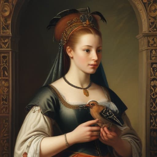 medieval woman holding a hoopoe