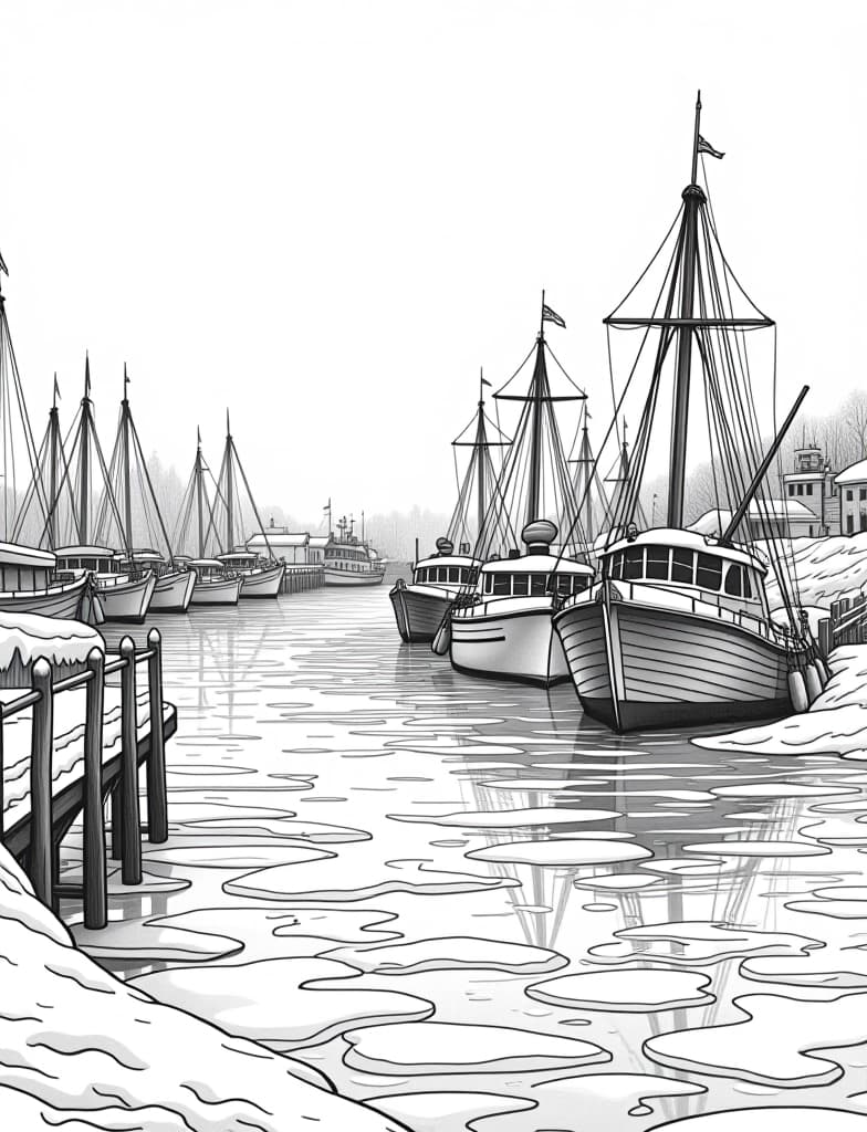  this is for an adult coloring page. a detailed black and white line art of a snowy snowy harbor with boats covered in ice on a solid white background.