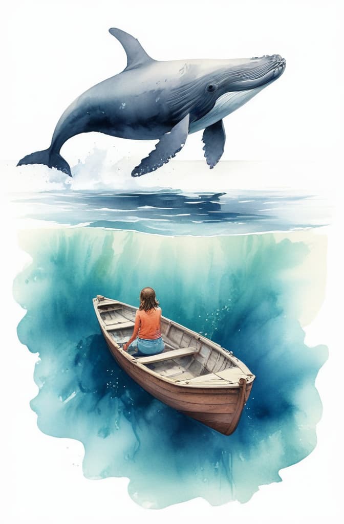 Create artwork lonely woman in small wooden boat swimming in ocean. under boat in water is a huge whale to see --ar 2:3 using watercolor techniques, featuring fluid colors, subtle gradients, transparency associated with watercolor art