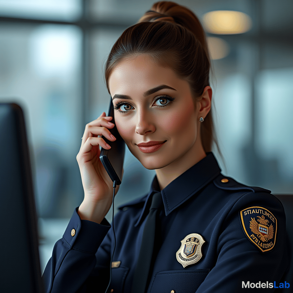  portrait of european female pilice officers, calling phone realistic, with pc stock photo, looking to camera, bright office,  hyperrealistic, full body, detailed clothing, highly detailed, cinematic lighting, stunningly beautiful, intricate, sharp focus, f/1. 8, 85mm, (centered image composition), (professionally color graded), ((bright soft diffused light)), volumetric fog, trending on instagram, trending on tumblr, HDR 4K, 8K