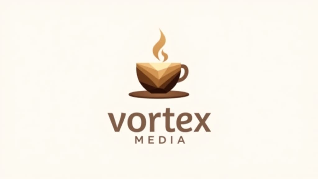  design a logo, in a geometric style. logo of a coffee cup, brown gradient colors, white background, with the text 'vortex media'.