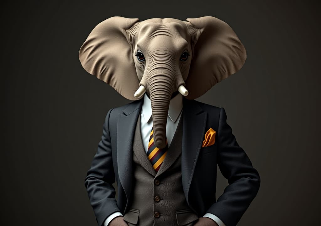  elephant dressed in a classy suit, standing as a successful leader and a confident gentleman. fashion portrait of an anthropomorphic animal posing with a charismatic