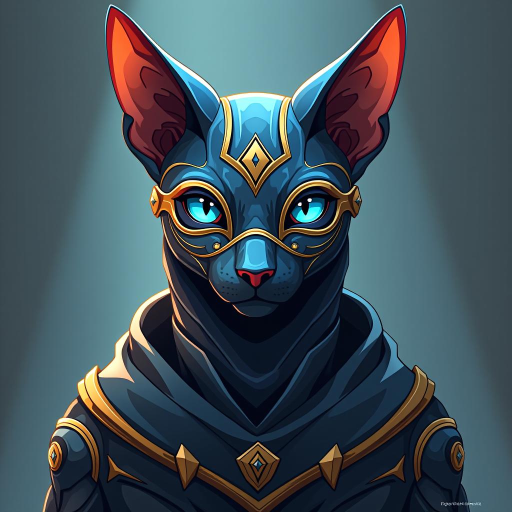  sphinx cat with blue eyes, wearing a mask, with the text catisfyer, (logo:1.15), hq, hightly detailed, 4k