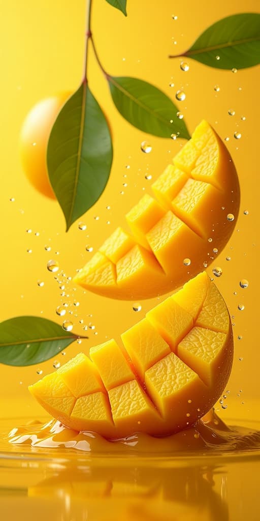  mango splash: a vibrant burst of juicy mango slices, leaves, and water droplets creates a refreshing, tropical scene. the golden hues and dynamic composition evoke a sense of summery delight., high quality, high details, hd, perfect composition, 4k epic detailed, highly detailed, sharp focus, high resolution