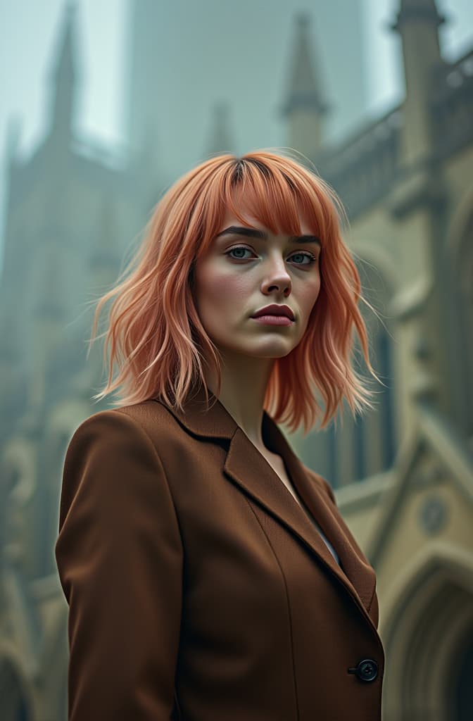  portrait of androgynous non binary model with pale red hair, ethereal dreamy foggy, photoshoot by annie leibovitz, editorial fashion magazine photoshoot, fashion poses, in front of gothic cathedral architecture. kinfolk magazine. film grain. a soft smile. hyperrealistic, full body, detailed clothing, highly detailed, cinematic lighting, stunningly beautiful, intricate, sharp focus, f/1. 8, 85mm, (centered image composition), (professionally color graded), ((bright soft diffused light)), volumetric fog, trending on instagram, trending on tumblr, HDR 4K, 8K