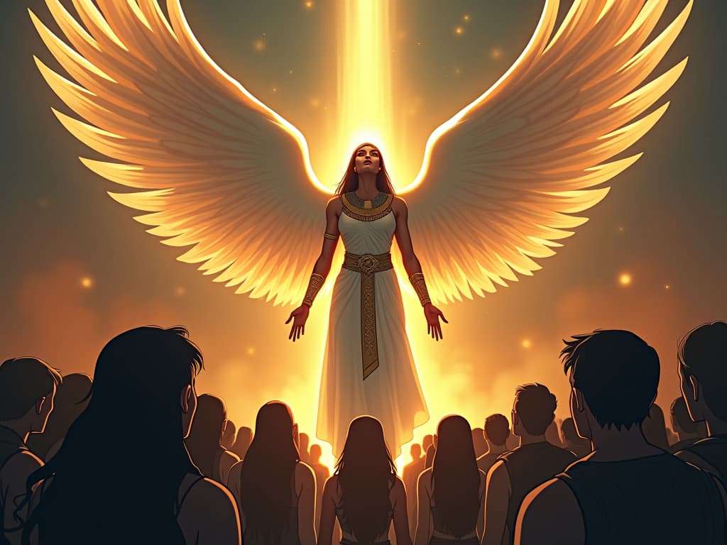  heavenly figure with large wings, surrounded by an ethereal glow, gently showering followers with a cascade of light, symbolizing divine enlightenment and hope, the followers look up in reverence, sense of celestial calm and inspiration. the style is digital art illustration / modern comic book / mysterious occult, symbolic, esoteric vibe,high detail on character design, incorporating ancient egyptian symbology and attire.