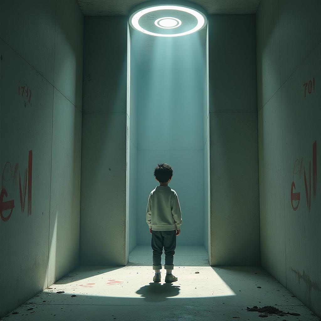  a boy that is standing in a room, unpublished photo of ufo, square enix cinematic art, concrete wall ) ], grafity, ufo, realistic photo shoot, by mary elizabeth price, korean artist, npc with a saint's halo, museum photo, unknown space, shadow polaroid photo, 2d anime style hyperrealistic, full body, detailed clothing, highly detailed, cinematic lighting, stunningly beautiful, intricate, sharp focus, f/1. 8, 85mm, (centered image composition), (professionally color graded), ((bright soft diffused light)), volumetric fog, trending on instagram, trending on tumblr, HDR 4K, 8K