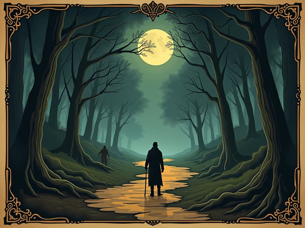  a traveler at a crossroads in a dark forest under the moonlight, paths leading into the unknown, mystical creatures lurking, ethereal mist. an illustration in the style of a worn, mystical old tarot trump card, mysterious and elements of surrealism. the colors are muted, somber and eerie, but with contrast bring out an occult and esoteric vibe.