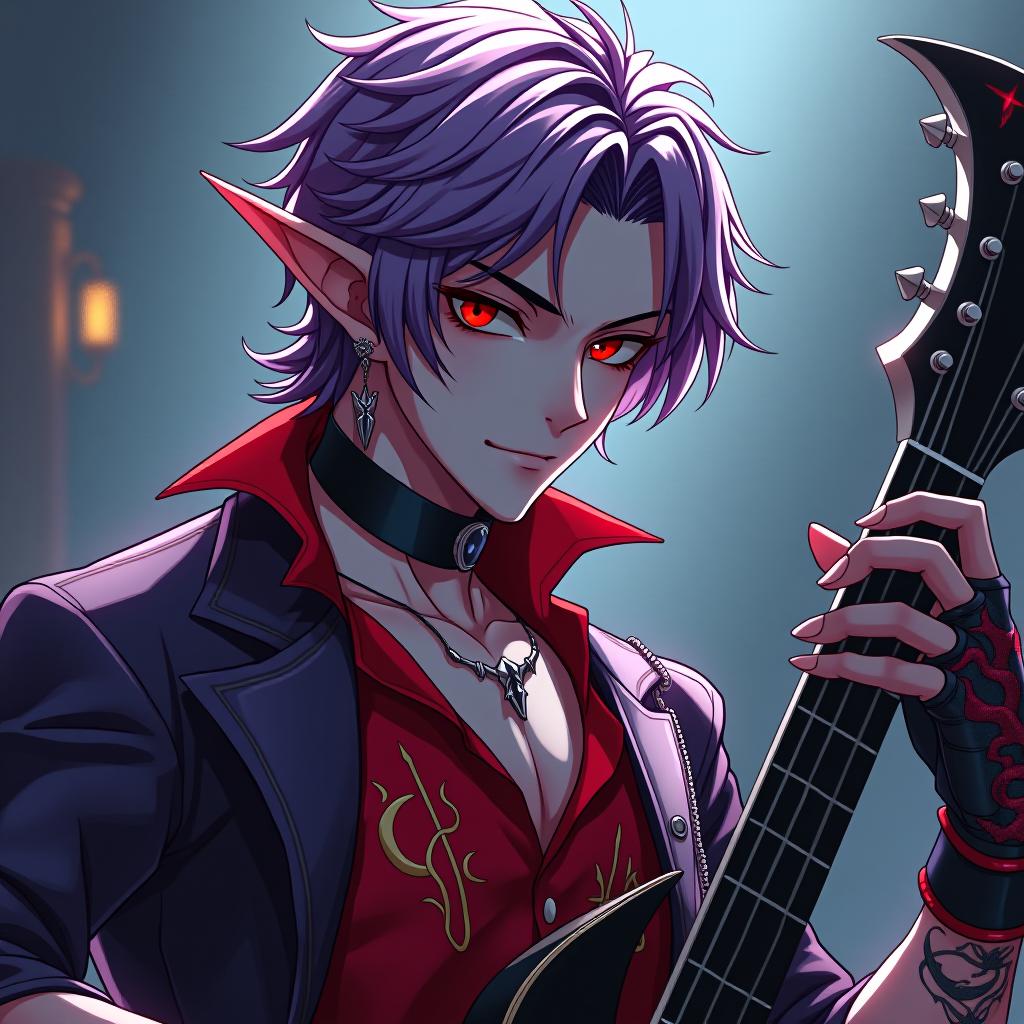  manga style a dark elf rocker with a guitar in both hands with a clawed glove on his right hand a man with his head pointed directly at the camera as well as his gaze marble white skin, purple hair with a scarlet tint, lavender eyes with a red glow, dressed in a red purple shirt embroidered with red gold, over a shirt he wears a semi jacket with a dark scarlet snake skin trim, a disheveled hair style hairstyle. there is an earring in the right ear made in the shape of a crescent with teeth on the inside. the tattoo in the form of a crescent with a jagged inner side is applied from the left temple to the left cheekbone, skirting the left eye socket, the crescent is turned to the eye with a jagged inner side. the body looks towards the  hyperrealistic, full body, detailed clothing, highly detailed, cinematic lighting, stunningly beautiful, intricate, sharp focus, f/1. 8, 85mm, (centered image composition), (professionally color graded), ((bright soft diffused light)), volumetric fog, trending on instagram, trending on tumblr, HDR 4K, 8K