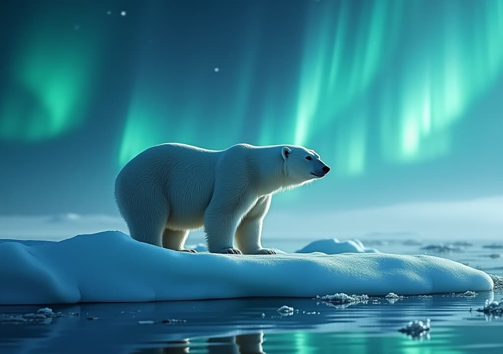  a majestic polar bear stands on a shimmering ice floe under a vibrant aurora borealis, surrounded by ethereal snowflakes, reflecting the strength and resilience of nature in a serene, icy landscape. hyperrealistic, full body, detailed clothing, highly detailed, cinematic lighting, stunningly beautiful, intricate, sharp focus, f/1. 8, 85mm, (centered image composition), (professionally color graded), ((bright soft diffused light)), volumetric fog, trending on instagram, trending on tumblr, HDR 4K, 8K