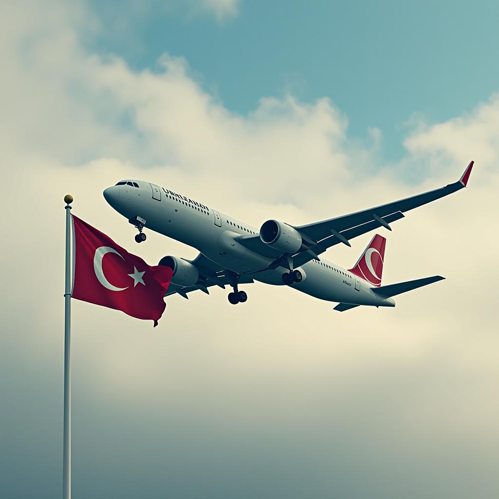  the airplane is flying, with the flag of turkey and cargo nearby.