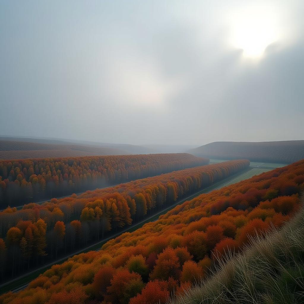  breathtaking autumn fields stretching beyond the horizon a foggy cloudy morning gray clouds froze as if in a timelapse a light fog creeps along the bottom pale but clear colors and borders curvy horizon line landscape , high view frome above, angle view, 4k, artificial extremely high resolution details, photographic, epic realism pushed to extreme, fine texture, incredibly lifelike, complex background, uhd . award winning, professional, highly detailed