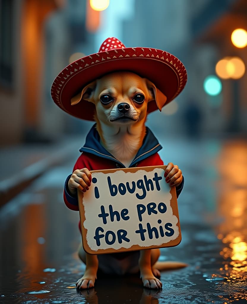  photorelistic chihuahua in a sombrero , sad expression, perfect masterpiece, dirty street corner, raining, street light reflecting off puddles, offset lightning, {holding a sign that says “i bought the pro for this.”} no missing words, hyperrealistic, full body, detailed clothing, highly detailed, cinematic lighting, stunningly beautiful, intricate, sharp focus, f/1. 8, 85mm, (centered image composition), (professionally color graded), ((bright soft diffused light)), volumetric fog, trending on instagram, trending on tumblr, HDR 4K, 8K