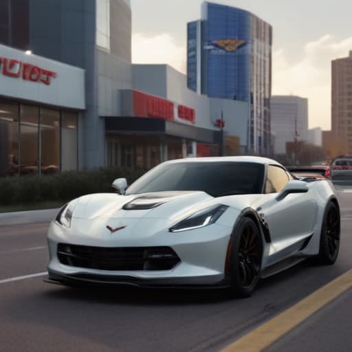 Chevrolet corvette On winding road with a Chevrolet dealership with Addison Chevrolet in the background in Cinematic style with City background