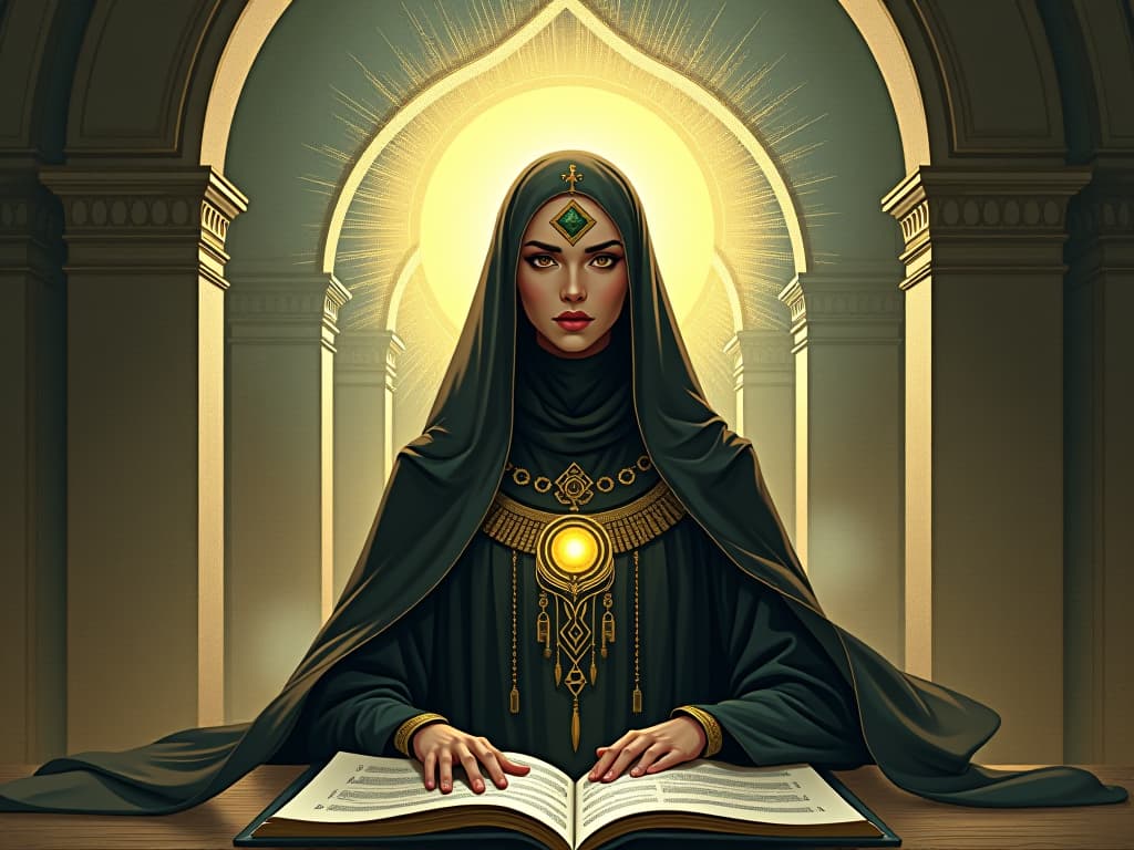  hildegard von bingen, surrounded by ethereal light, her writings and compositions laid out before her, impact spanning multiple fields, aura of inspiration. the style is digital art illustration / modern comic book / mysterious occult, symbolic, esoteric vibe,high detail on character design, incorporating ancient egyptian symbology and attire.