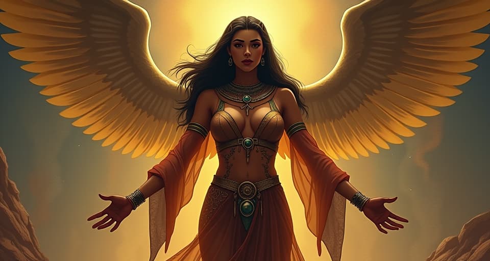  whispering gods, large busted prophetess in sheer, tight gown, glowing with strength, divine encouragement. the style is digital art illustration / modern comic book / mysterious occult, symbolic, esoteric vibe,high detail on character design, incorporating ancient egyptian symbology and attire.